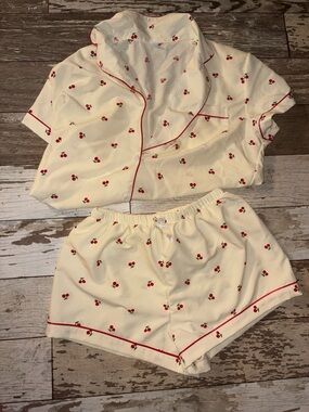 Women’s Cream Cherry Print Short Pajama Set with Red Piping